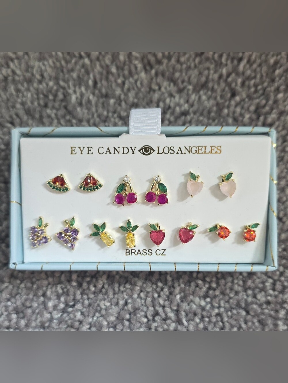 Eye Candy Los Angeles Brass CZ Fruit Stud Earring Set (7 Pairs)